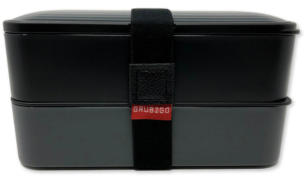 THE ORIGINAL Japanese Bento Box (GRUB2GO Black & Gray Design) w/FREE 2 Dividers + Larger Utensils w/Holder