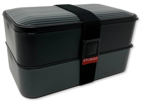THE ORIGINAL Japanese Bento Box (GRUB2GO Black & Gray Design) w/FREE 2 Dividers + Larger Utensils w/Holder