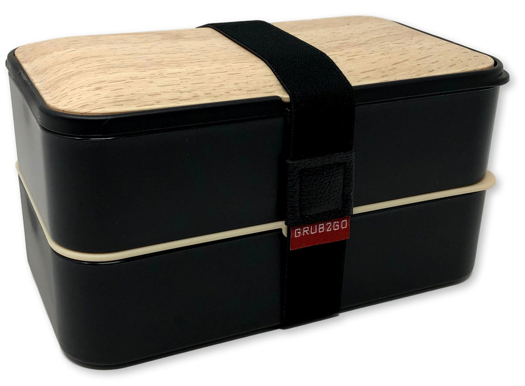 THE ORIGINAL Japanese Bento Box (Upgraded Black & Bamboo Design) w/FREE 2 Dividers + Larger Utensils w/Holder